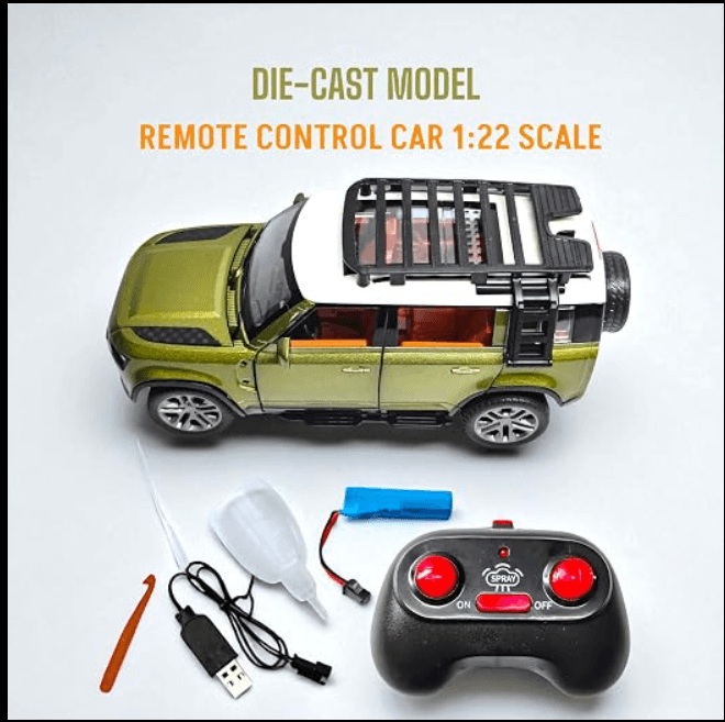 1:22 Die-Cast Defender RC Car – Remote Control with Lights, Sound & Smoke Effect